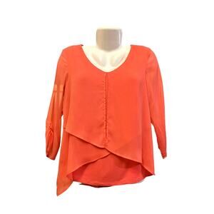 I.N. Studio Petite Women's Coral Asymmetrical Layered Look 3/4 Slv Blouse SZ PS